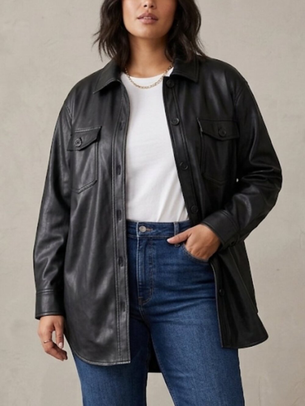 Halogen Black Faux Leather Oversized Button-Down Shirt Jacket Size L